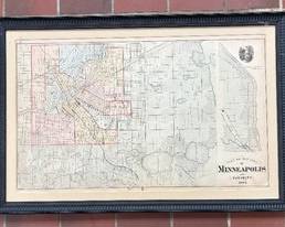 Professionally Framed Plan of the City of Minneapolis and Vicinity Map 1874 that measures 24 x 30 inches. Neat historical wall decor! 