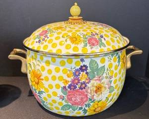 MacKenzie Childs Buttercup Floral Polka Dot Stock Pot, measures 10 inches tall and 10.5 inches in diameter. 