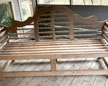 Teak Bench by Lister measures 79 X 22 x 41 inches. There is wear consistent with being displayed outdoors.