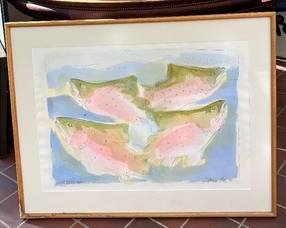 "August Trout" Framed Watercolor by D. Peterson, measures 28 x 36 inches. There is water damage to the bottom left hand corner. It doe not seem to have affected the print itself