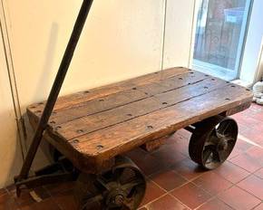 Vintage Industrial Train Trolley Cart by West Bend Equipment, measures 42 x 22 x 17 inches. Let the ideas flow with this awesome item! Would make a great coffee table! 

There is vintage wear throughout which enhances the vintage appearance! 