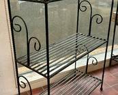 Vintage Decorative Metal Shelf ,measures 47 x 30 x 13 inches. There is wear consistent with being displayed outdoors. Please see details in the photo gallery. 