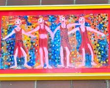 "The Girls Working Out" Framed Original Painting by Linda Sharpe, measures 13.5 x 22 inches. They look like they are having fun! 

Linda Sharpe is an inspiring Minneapolis visual artist who creates acrylic paintings, family and friend portraits, cards and books from her heart.