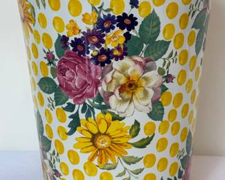 Mackenzie-Childs Buttercup Yellow Dot Waste Basket, New 

Measuring just under ten inches. 