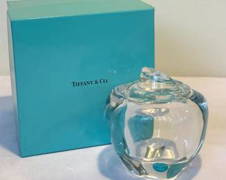 Tiffany & Co Elsa Peretti Crystal Apple Shaped Jam Jar, measures about 4.5" inches tall. 

Acid signed on the bottom. No spoon is included. Comes with the iconic blue Tiffany box. 