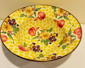 Mackenzie-Childs Buttercup Yellow Dot Enamel Serving Bowl in new condition and measuring 11.5" x 4" 