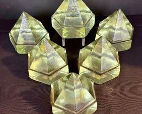 Six Sensational Glass Triangle Shaped Paperweights each measuring 5 inches tall and 4.5 inches in diameter. Display them together or apart. Very versatile decor! 