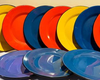 13) Colorful Vintage Metal and Enamel Chargers, each measuring 12". 
