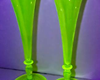 Pair of Vintage Uranium Glass Fluted Vases, each measures 12" h 