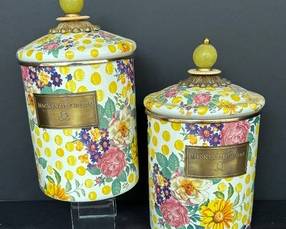 Pair of MacKenzie Buttercup Floral Polka Dot Canisters each measuring 9 inches tall and 5 inches in diameter. This lovely pattern is retired. 