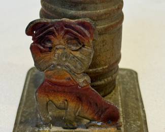 Antique Metal and Wood Bulldog Figurine Toothpick Holder in vintage condition with wear including paint loss. 

Measures 2.5 inches tall. 