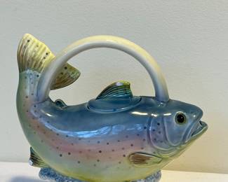 Eddie Bauer Rainbow Trout Decorative Teapot, measuring 8.75 inches.

There is a chip in the fin 