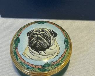 Halcyon Days Bulldog Enamel Trinket Box, measuring about 1.2" x .75" 

Comes with a velvet lined storage box. 