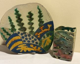 Two Artisan Pottery Pieces with unique and lovely designs. 

The platter measures 11" x 11" with the vase measuring 6" h x 3.75" wide