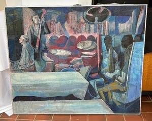 Original Cubist Inspired Painting, measures 38 x 45.5 inches. Please see the photo gallery for the artist. Look closely at all of the details! 