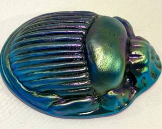 Hand Blown Iridescent Scarab Figurine, measuring about 4.75" x 2.2" 