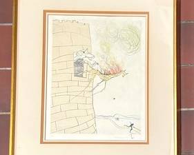 "The Grand Inquisitor Expels The Savior" Framed Print by Salvador Dali that measures 21.5 x 26 inches. Interesting and dramatic art! There is some wear to the frame.