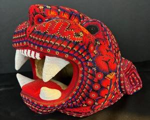 Vintage Mexican Huichol Beaded Jaguar Head measures 9 x 8.5 x 8 inches