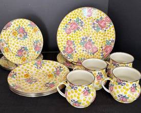 MacKenzie-Childs Buttercup Floral Polka Dot Service for 4 including dinner plates, salad/dessert plates, bowls and mugs. Gorgeous set! 