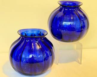 Two Hand Blown Cobalt Blue Squat Vases in a beautiful design, each measuring about eight inches tall. 