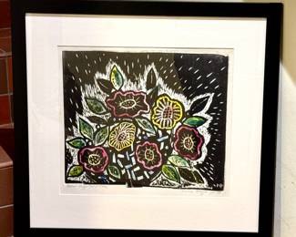 Beautiful Framed Wood Cut Floral Print, measuring 24" x 22.5" 

See photos for artist's signature. 