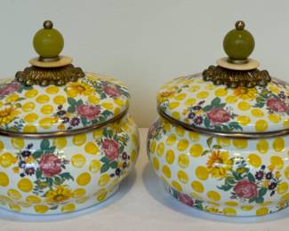 Pair of Mackenzie Childs Buttercup Yellow Dot Canisters, each measuring about 6.5 inches tall.