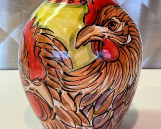Karin Kraemer Rooster Pottery Vase, measuring 8.5 inches tall. 