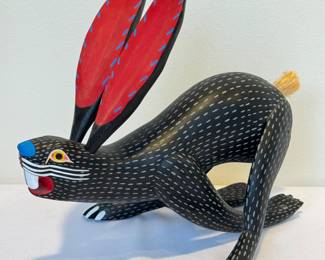 Oaxacan Hand Painted Wooden Rabbit Figurine by Armando Jimenez, measuring about 10 inches