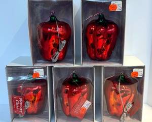 5 Red Pepper Department 56 Glass Ornaments each measuring 6 inches tall. 