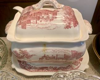 Vintage Unmarked Masons Vista England Pink Soup Tureen w/Lid  Ladle & Platter