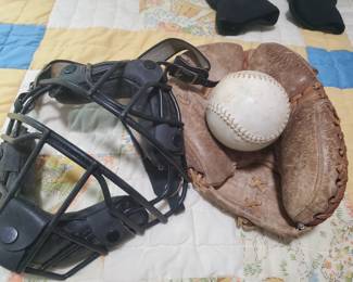 Vintage softball mask and mitt