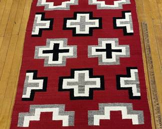 Vintage Authentic Native American Navajo Red Field 4 Color Rug Weaving 50" x 35"