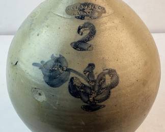 c. 1840 N. Clark & Co. Lyons, N.Y. 2 Gallon Ovoid Stoneware Jug w/ Cobalt Blue Floral Decoration
