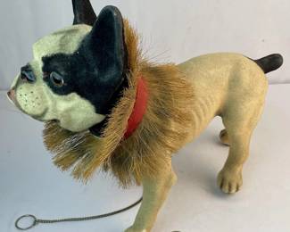 c. 1930 France Pull Toy Barking Paper Mache and Flocked Fur Bobblehead French Bulldog WORKS