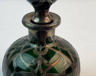 Art Nouveau D946 Green Glass Gorham Sterling Silver Overlay Cologne / Perfume Bottle with Stopper