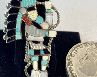 Vintage Native American Zuni Inlay Snake Dancer Sterling Silver Carved Turquoise, Onyx & MOP Kachina Ring by J. A. Calavaza