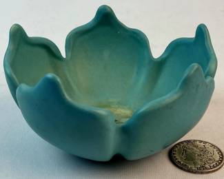 Antique Arts & Crafts Van Briggle Art Pottery Matte Blue Lotus Flower Bowl