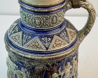 c. 1885 Dümler & Breiden "Bull and Bear Hunt" 3.5L German Beer Stein Pitcher w/ Embossed Hunting Scenes