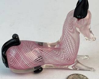 Vintage Murano Art Glass Sitting Horse Sculpture w/ Pink Ribbon Swirl and Applied Black Ears, Tail