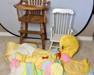Wooden High Chair, Toddler Rocking Chair and Yellow Gingham Crib Set