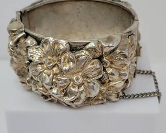 Vintage Silver Tone Repoussé Bangle Cuff with Flower Design
