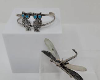 Vintage Sterling Silver Owl Cuff Bracelet & Dragonfly Brooch
