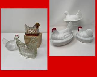 Vintage Clear & Milk Glass Hen on Nests - Indiana Glass - Westmoreland