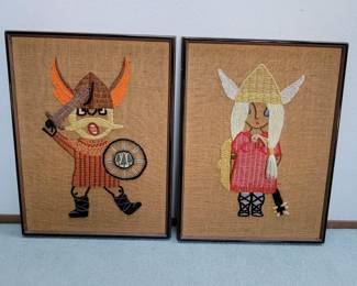 Pair of Mid Century Viking Crewel Needlepoint Pieces