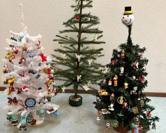 Trio of Tabletop Trees with Miniature Hallmark Ornaments