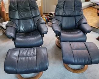 Two Ekornes Stressless Reclining Chairs - Navy Blue Leather