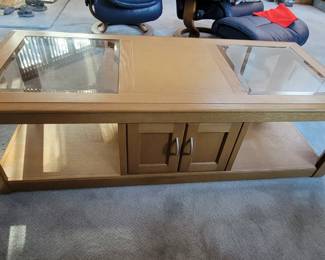 Vintage Blonde Wood & Glass Coffee Table w/2 End Tables