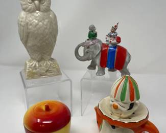 Mid Century Kitsch - Belleek Owl - Hazel Atlas Apple Jam Jar