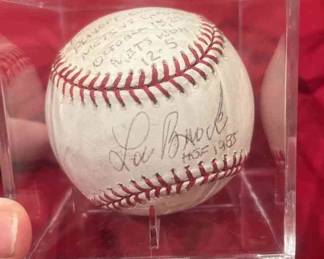 Lou Brock Autographed Hall Of Fame 1985 Baseball With Stats Faded From Mets Cardinals Game.