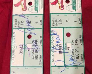 Two Tickets St. Louis Cardinals Versus Braves August 29, 1999 Autographed By Lou Brock